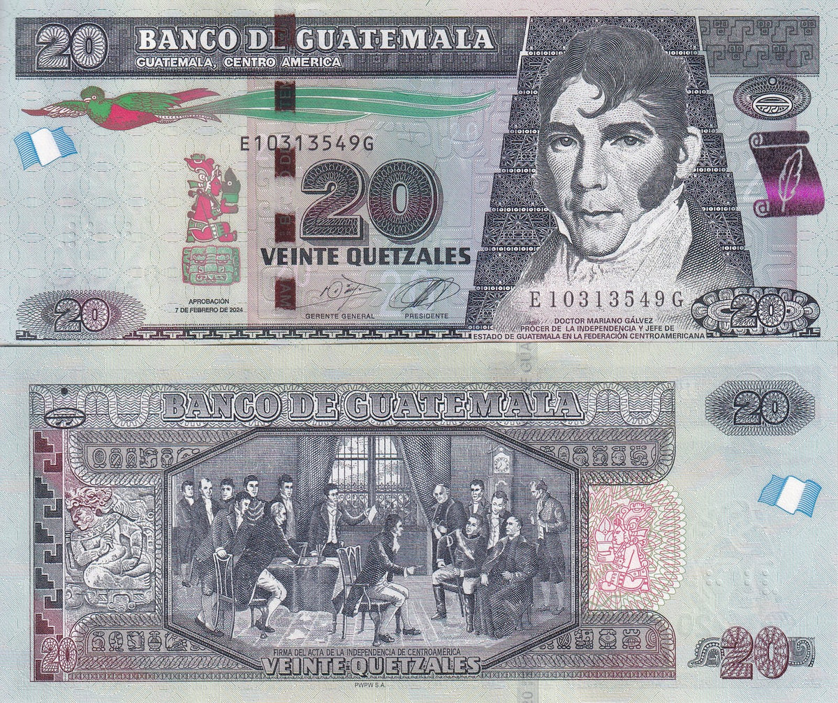 Guatemala 20 Quetzales 2024 2026 New Sign Date P 124 k UNC, Mariano Galvez