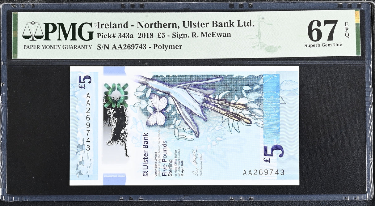 Northern Ireland 5 Pounds 2018 Prefix AA P 343 a Superb Gem UNC PMG 67 EPQ
