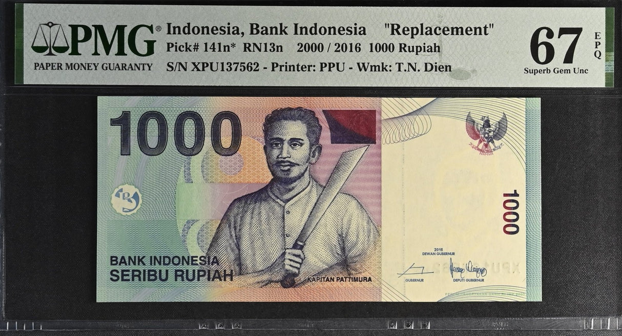 Indonesia 1000 Rupiah 2000/2016 P 141 n* Replacement Superb Gem UNC PMG 67 EPQ