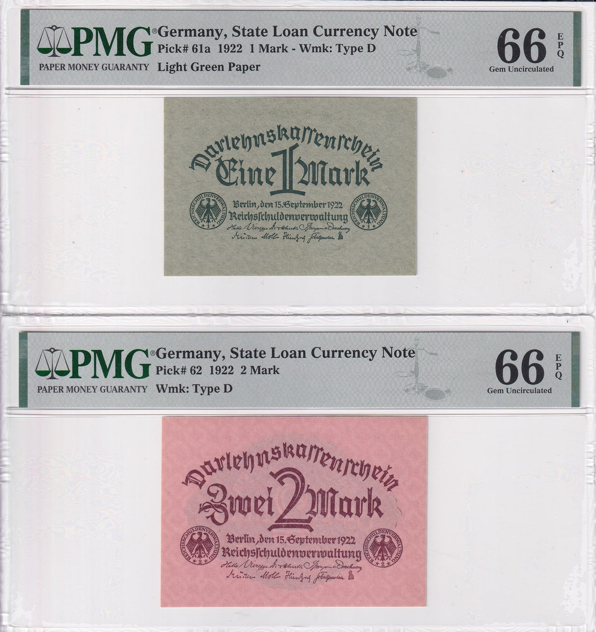 Germany Loan Currency Note Set 2; 1 2 Mark 1922 P 61 P 62 Gem UNC PMG 66 EPQ