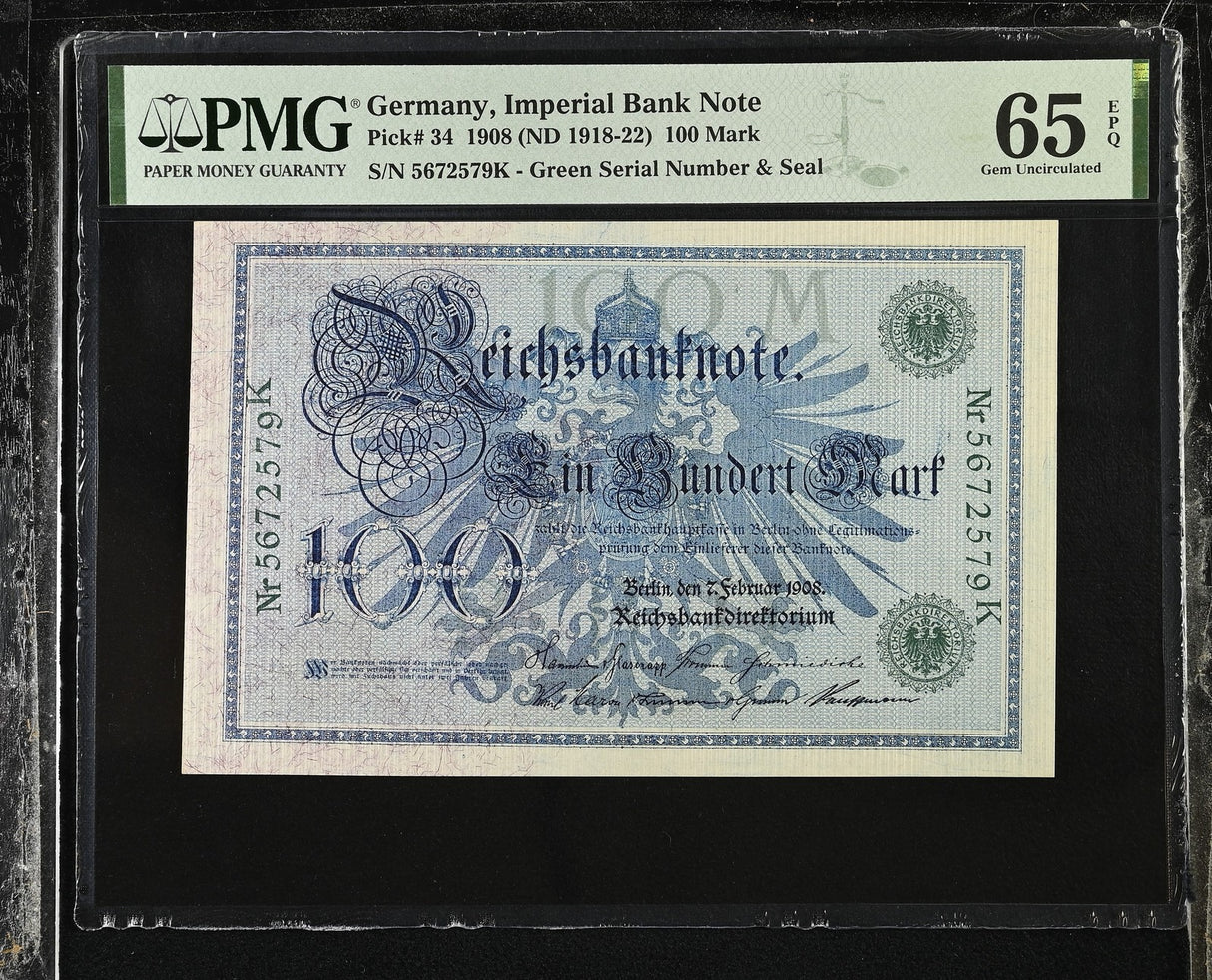Germany Reichsbank 100 Mark 1908 ND 1918-1922 P 34 Gem UNC PMG 65 EPQ