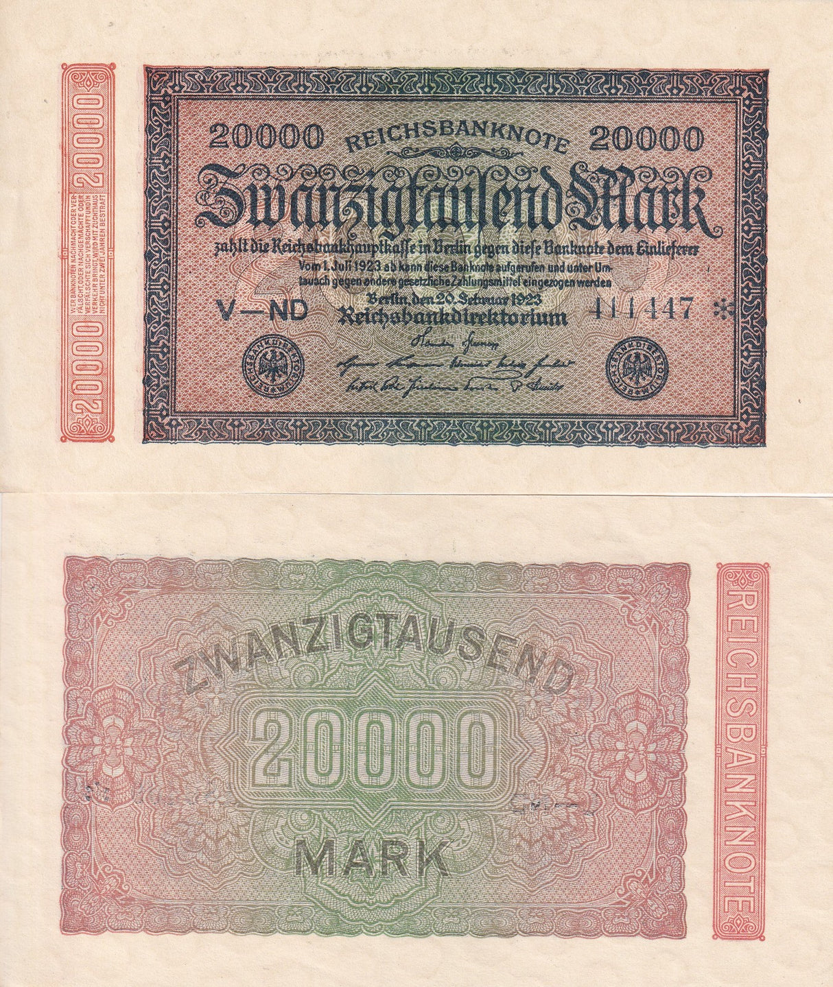 Germany 20000 Mark 1923 P 85 a Aunc