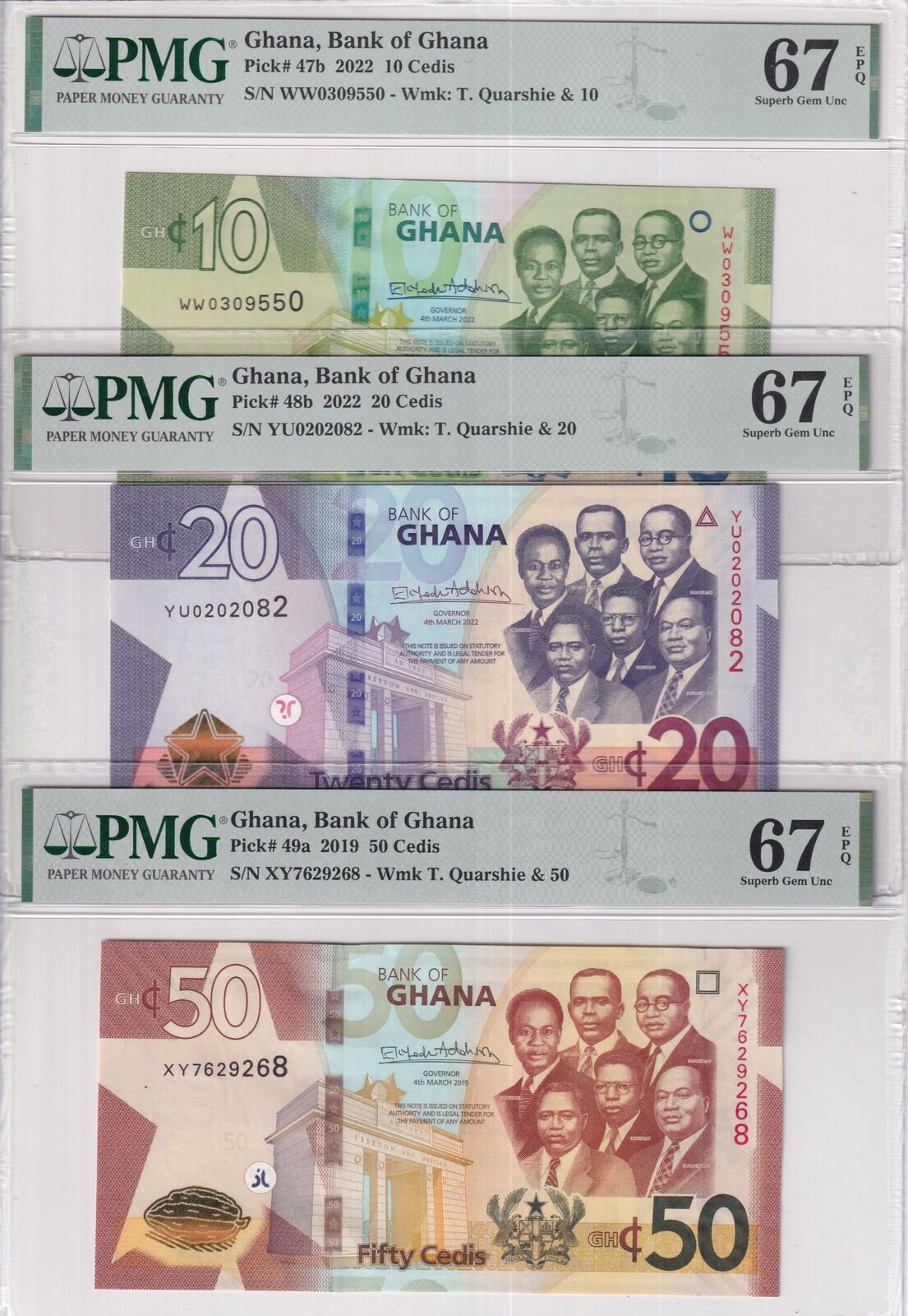 Ghana Set 3; 10 20 50 Cedis 2019 2022 P 47 P 48 P 49 Superb Gem UNC PMG 67 EPQ