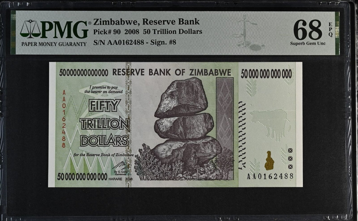 Zimbabwe 50 Trillion Dollars 2008 P 90 Superb Gem UNC PMG 68 EPQ