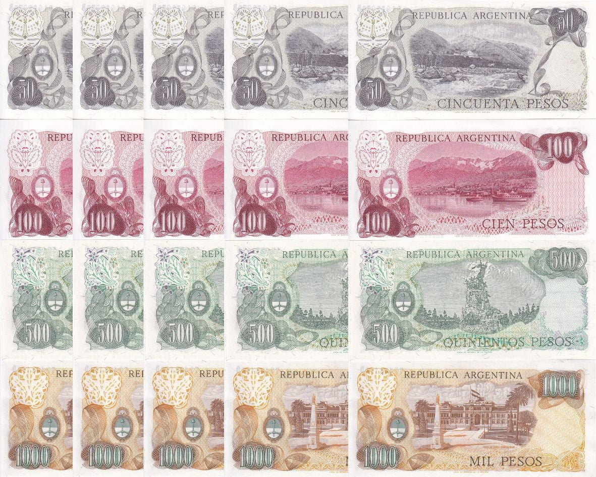 Argentina Set 4 X LOT 5 = 20 UNC 50 100 500 1000 Pesos ND 1976-83 P 301-304 UNC
