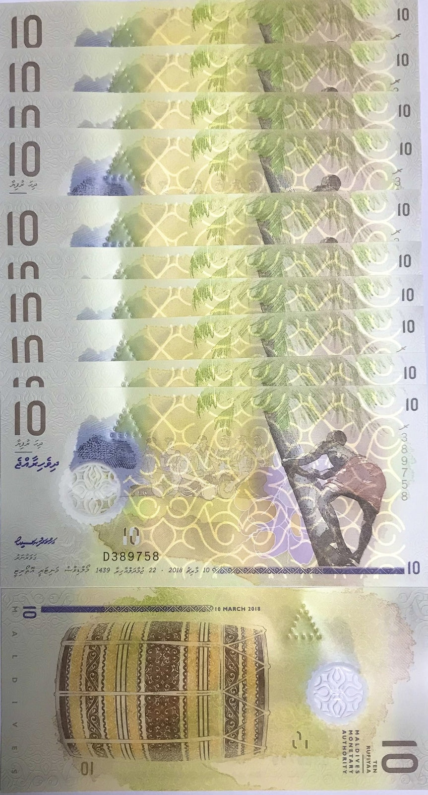 Maldives 10 Rufiyaa 2018 Polymer P 26 UNC Coconut Palm Tree LOT 10 PCS