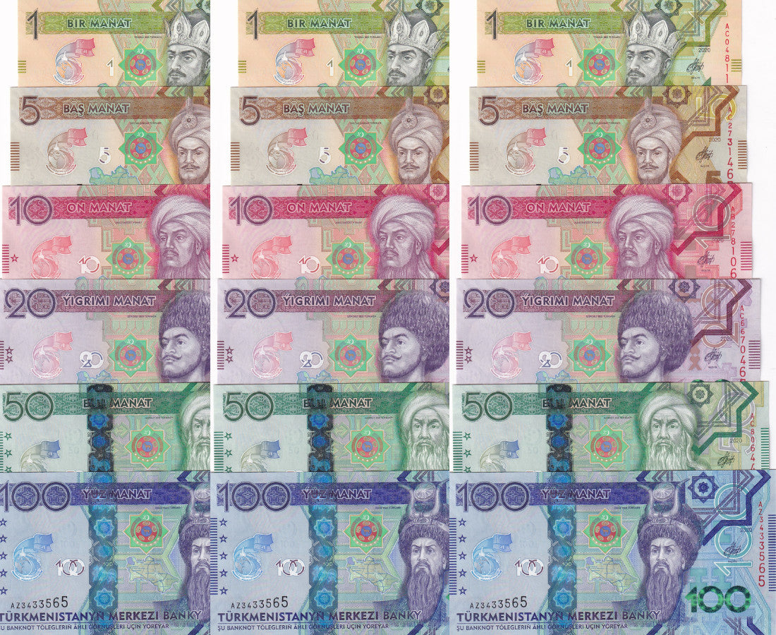 Turkmenistan Set 6 X3 = 18 UNC 1 5 10 -50 100 Manat 2020 Commemorative P 42-47