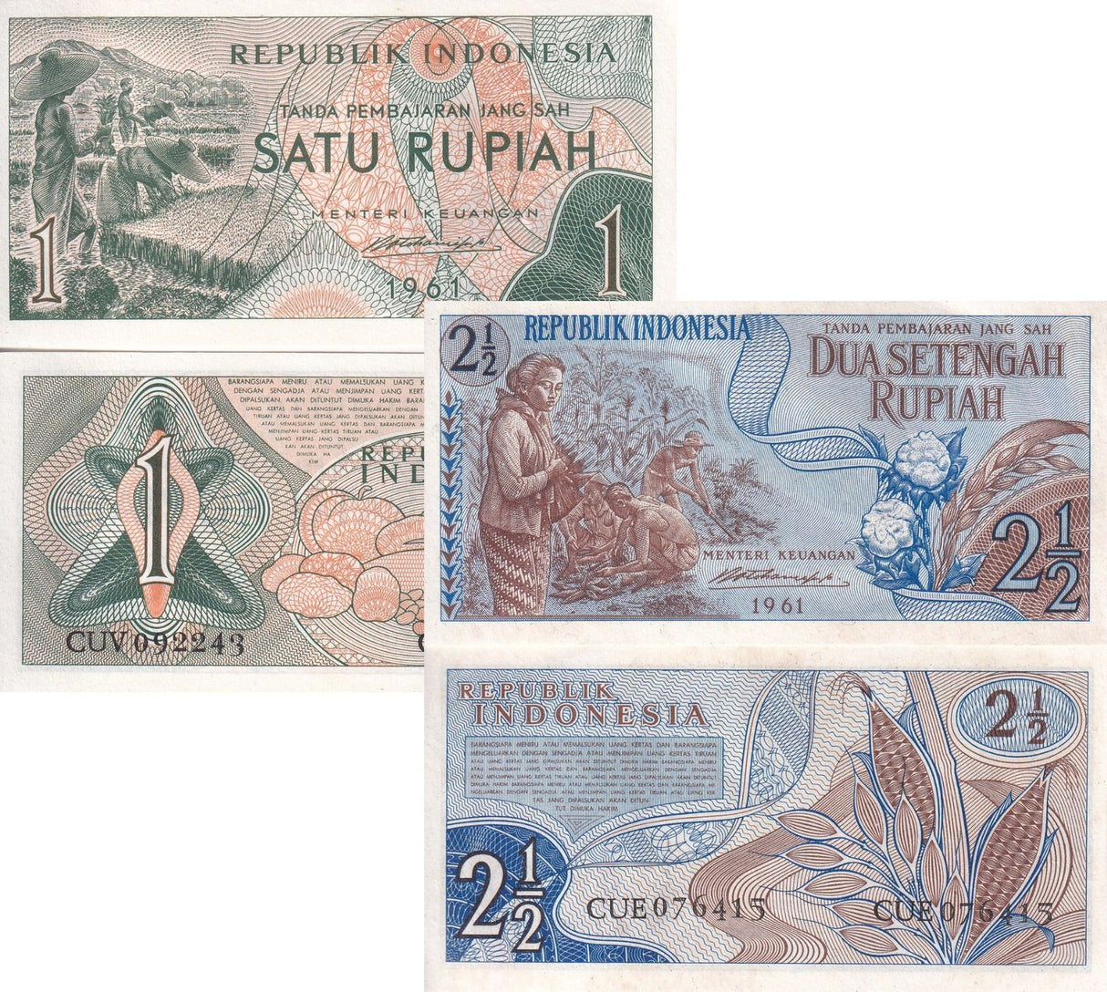 Indonesia SET 2 AU-UNC 1 AND 2.5 , 2 1/2 Rupiah 1961 P 78 79