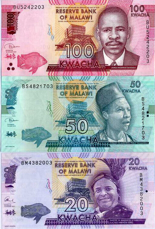 Malawi Set 3 Pcs 20 50 100 Kwacha Random Date P 63 64 65 UNC