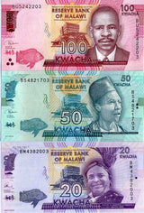 Malawi Set 3 Pcs 20 50 100 Kwacha Random Date P 63 64 65 UNC
