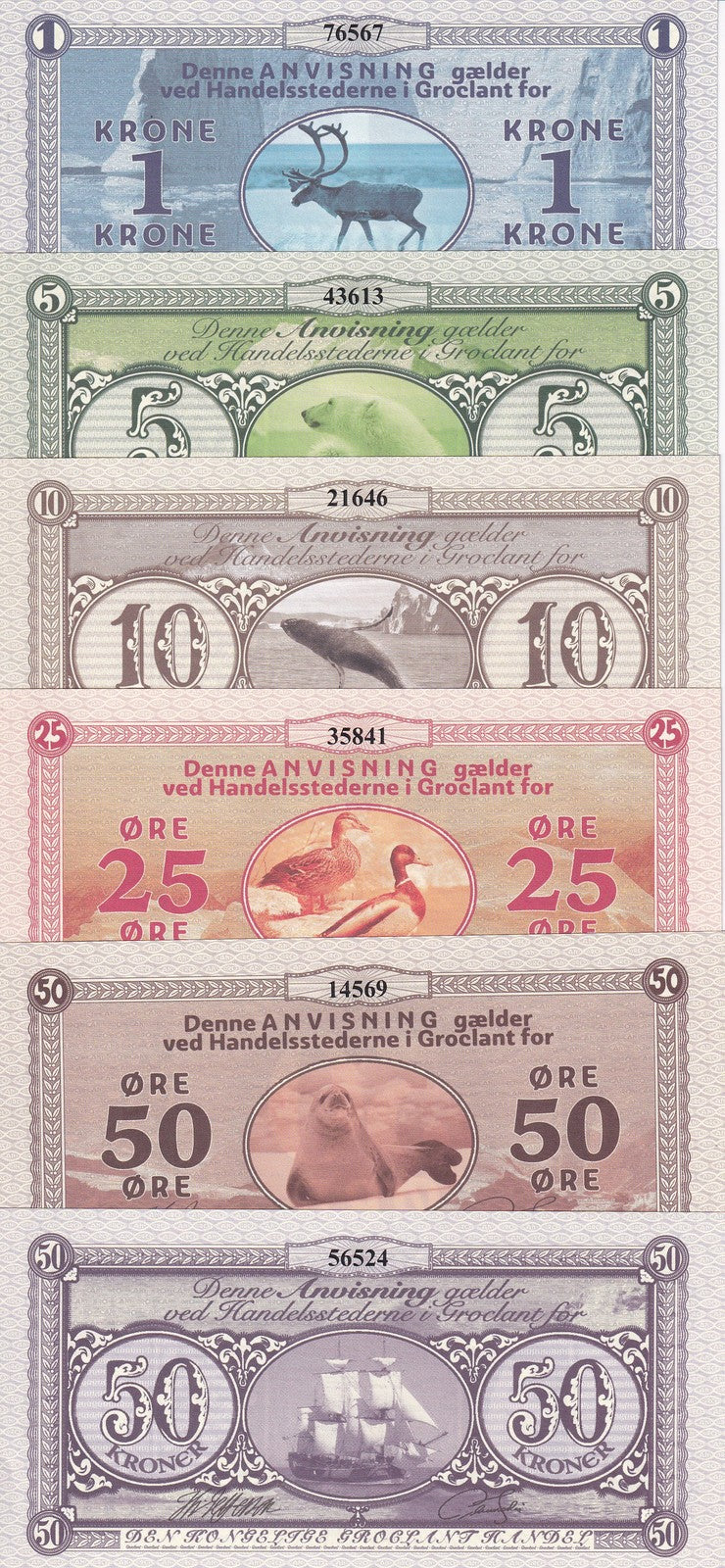 Groklant Island Set 6, 25 50 ORE 1 5 10 50 KRONER 2018 Fantasy Albatrosses Bear