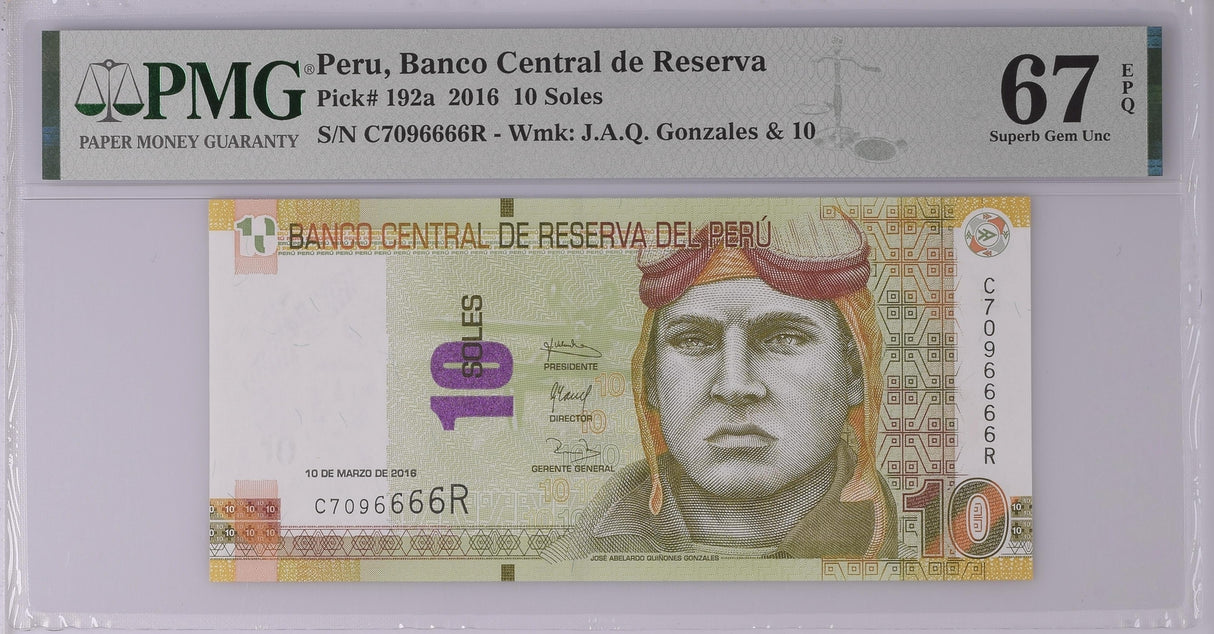 Peru 10 Soles 2016 P 192 a Superb Gem UNC PMG 67 EPQ