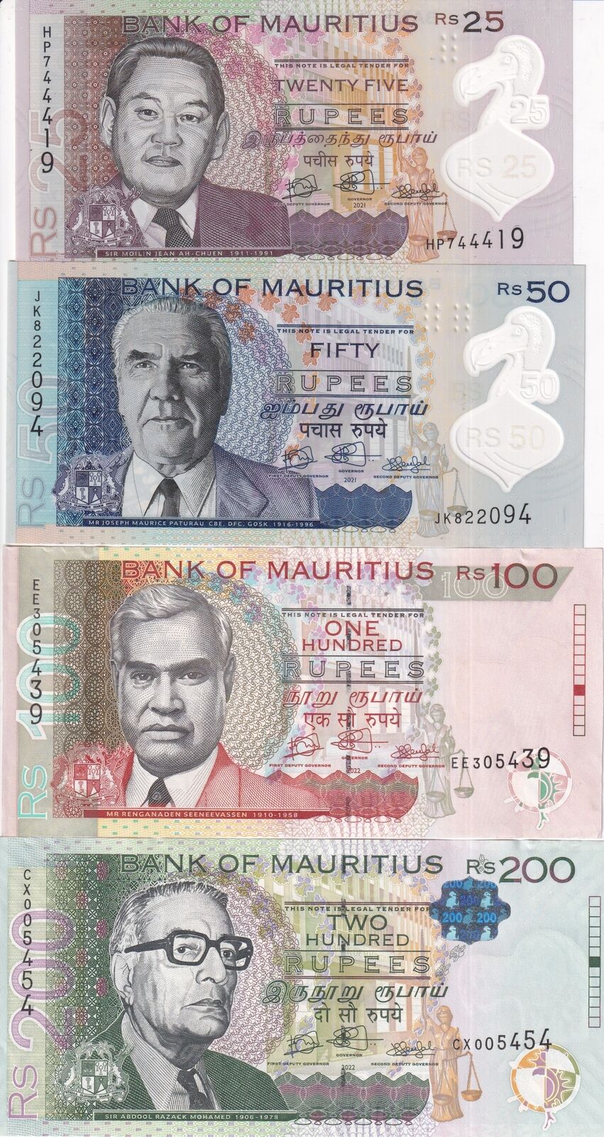 Mauritius Set 4 PCS 25 50 100 200 Rupees 2021 2022 P 56 P 61 P 64 P 65 UNC