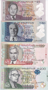 Mauritius Set 4 PCS 25 50 100 200 Rupees 2021 2022 P 56 P 61 P 64 P 65 UNC