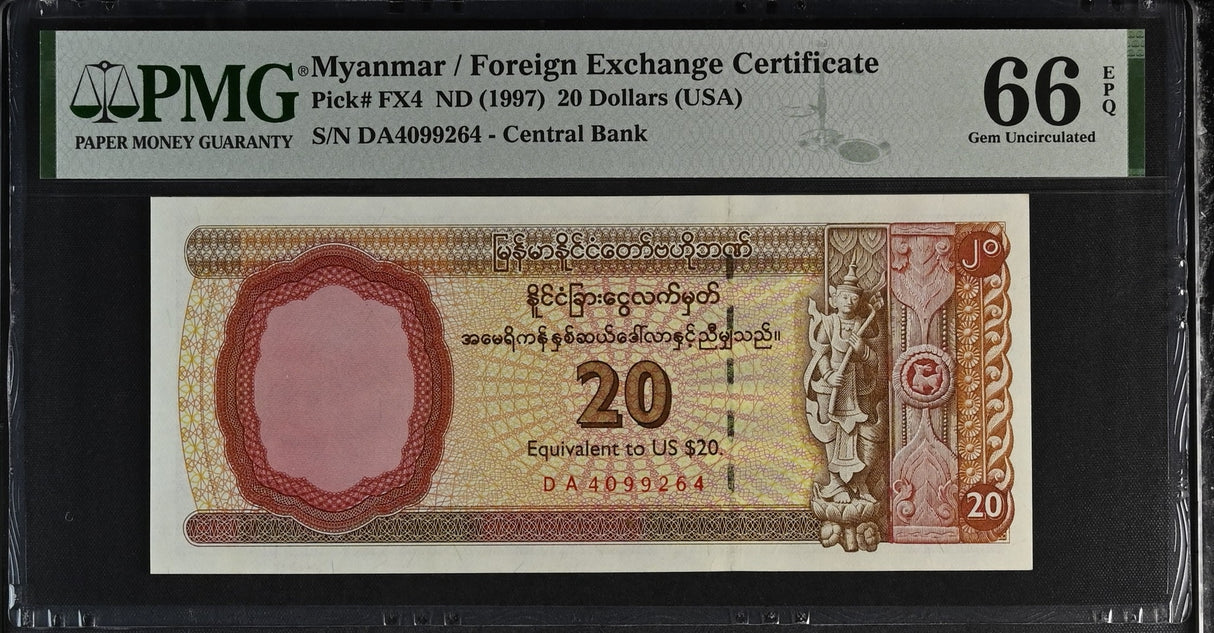 Myanmar 20 Dollars ND 1997 P FX4 Forex Gem UNC PMG 66 EPQ FOREX