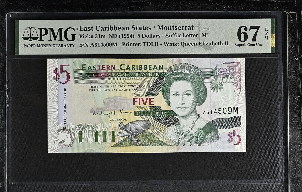 East Caribbean 5 Dollars ND 1994 P 31 m Montserrat Superb Gem UNC PMG 67 EPQ