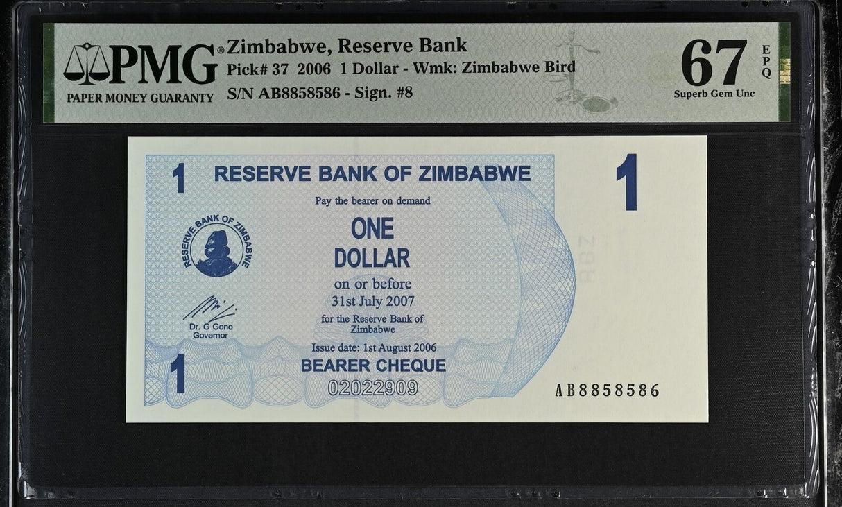 Zimbabwe 1 Dollar 2006 P 37 Superb Gem UNC PMG 67 EPQ