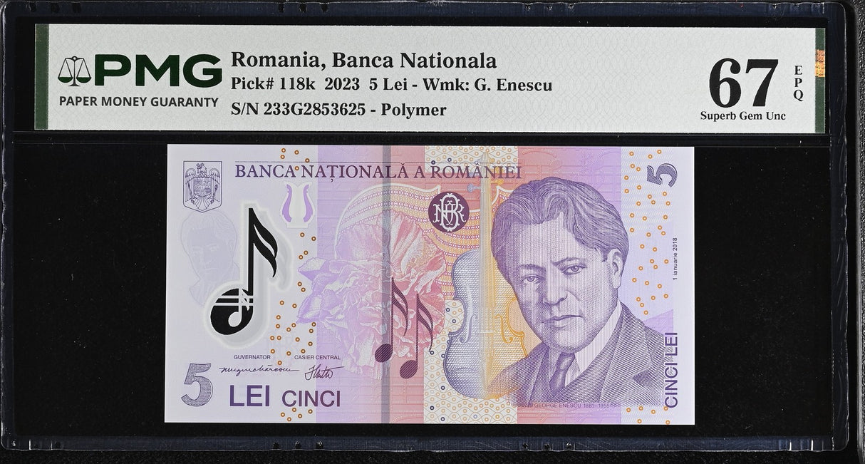 Romania 5 Lei 2023 P 118 k Polymer Superb Gem UNC PMG 67 EPQ
