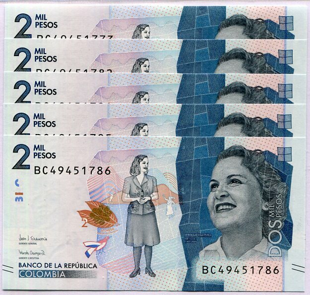 Colombia 2000 Pesos 2018 P 458 UNC Lot 5 Pcs