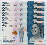 Colombia 2000 Pesos 2018 P 458 UNC Lot 5 Pcs