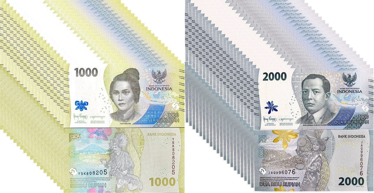 Indonesia Set 2 X LOT 20 = 40 UNC 1000 2000 Rupiah Random Year P 162 P 163