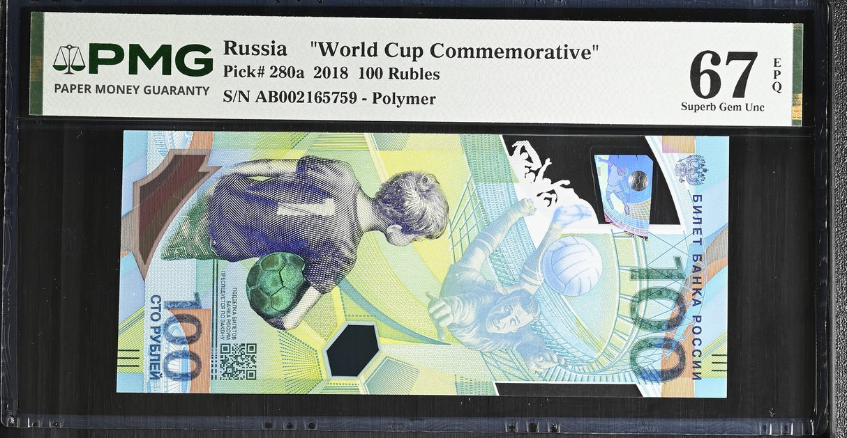 Russia 100 Rubles 2018 P 280 a Football Comm. Polymer Superb Gem UNC PMG 67 EPQ