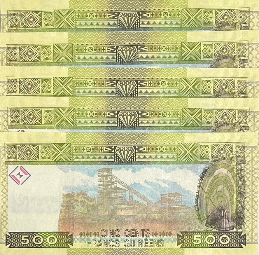 Guinea 500 Francs 2006 P 39 a UNC Lot 5 Pcs, Woman, Mining conveyor
