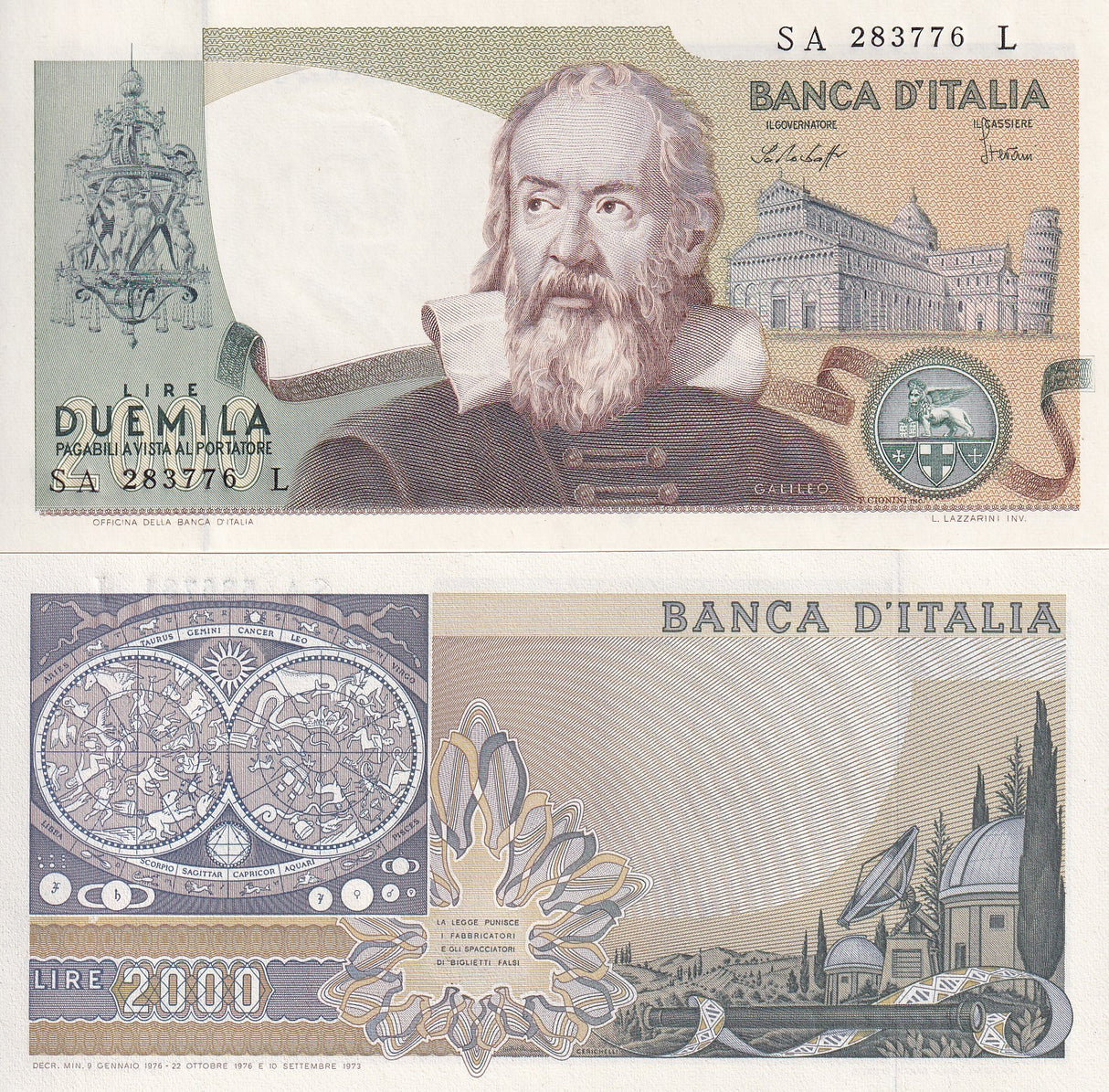 Italy 2000 Lire 1976 P 103 b Galileo Galilei Leaning Tower Pisa UNC