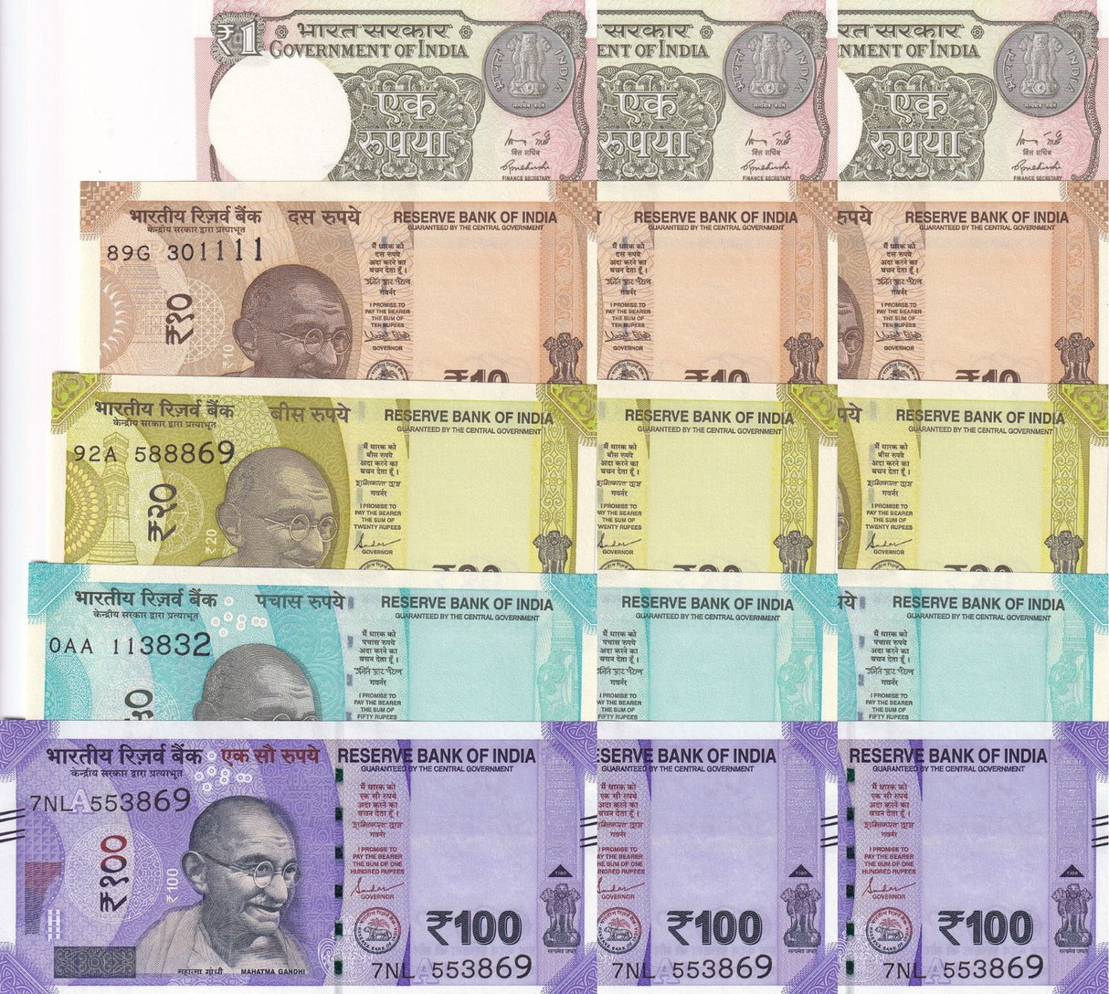 India Set 5 x Lot 3 = 15 Pcs 1 10 20 50 100 Rupees Random Year P 109 - 113 117A