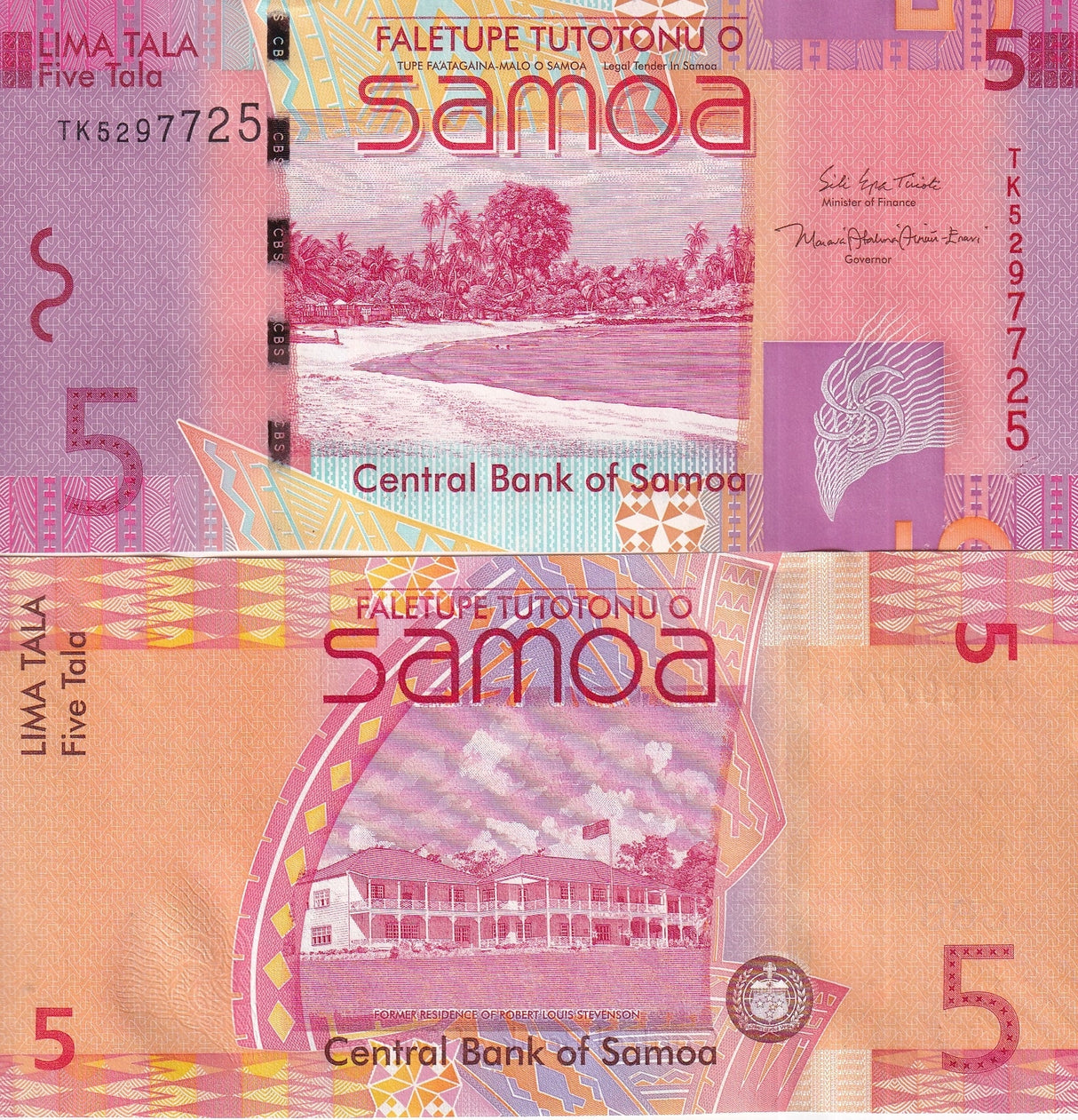 Western Samoa 5 Tala ND 2008/2017 P 38 c UNC, Faletupe Tutotonu o Samoa Central