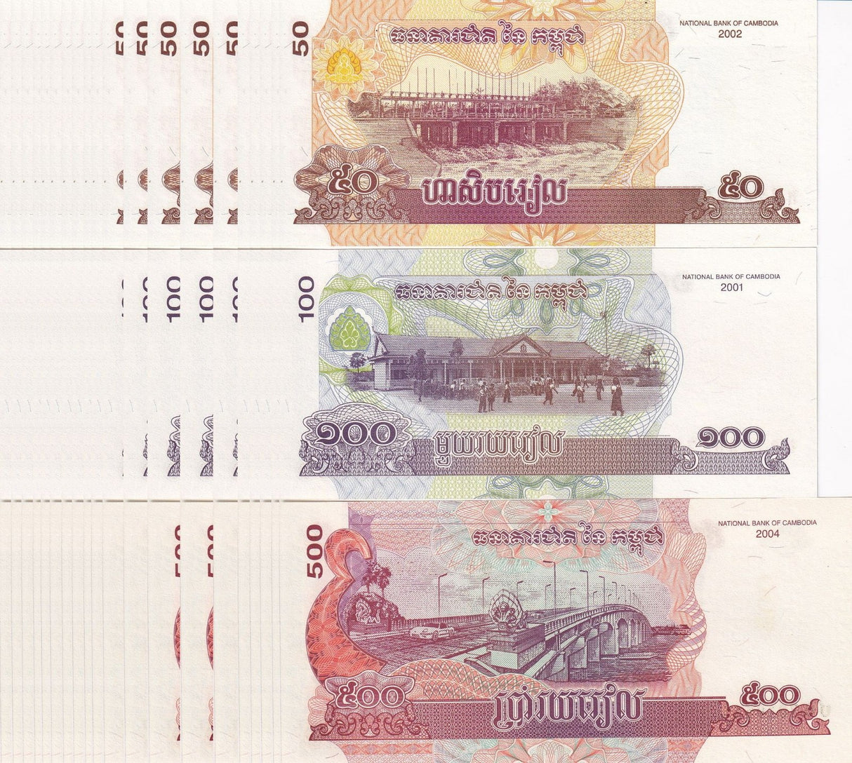 Cambodia Set 3 x Lot 20 = 60 UNC 50 100 500 Riels Random Year P 52 53 54