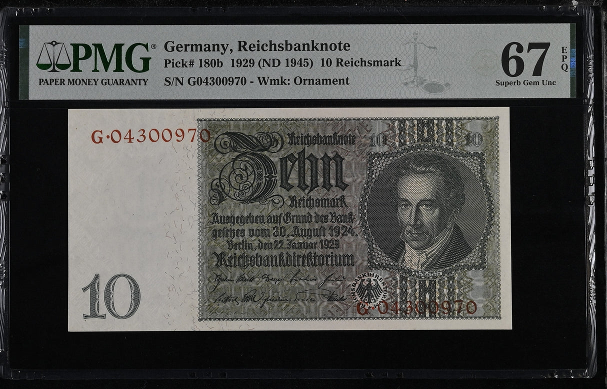 Germany 10 Rentenmark 1929 ND 1945 P 180 b Superb Gem UNC PMG 67 EPQ