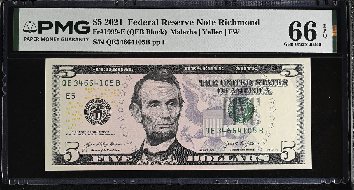 United States 5 Dollars Usa 2021 P 551 E Richmond Gem UNC PMG 66 EPQ