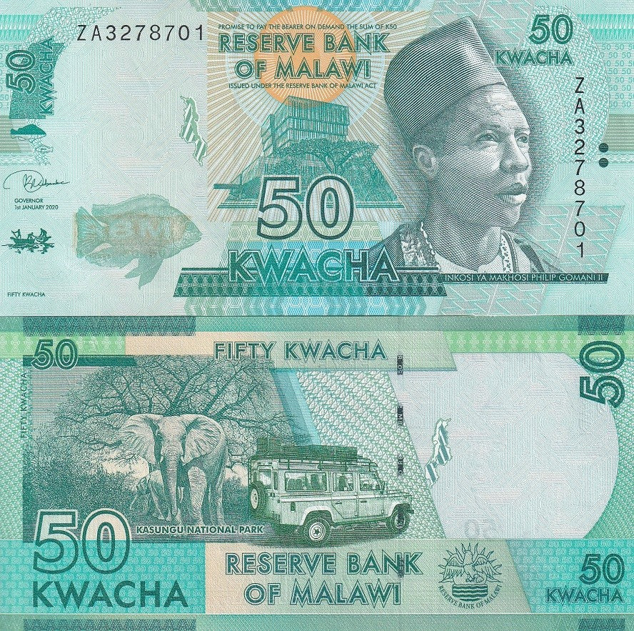 Malawi 50 Kwacha 2020 P 64 ZA Replacement UNC, Elephant, Safari Jeep