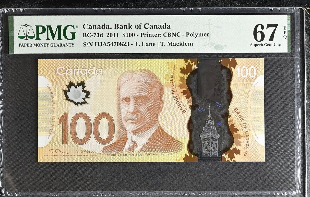 Canada 100 Dollars 2011 P 110 d Lane & Macklem Superb Gem UNC PMG 67 EPQ