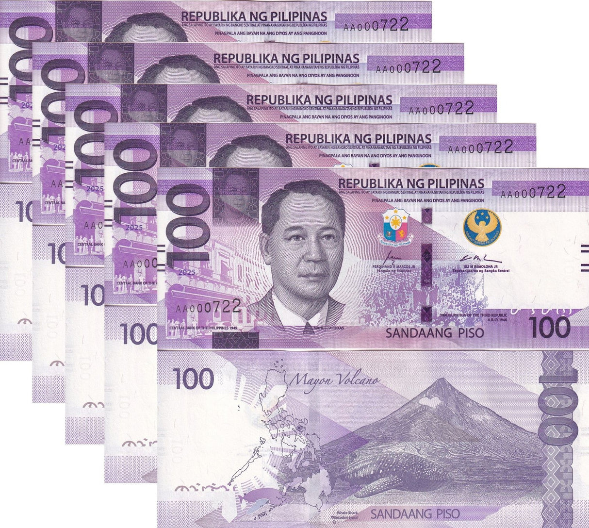 Philippines 100 Piso 2025 P 232A UNC LOT 5 PCS