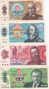 Czechoslovakia Set 4 PCS 10 20 50 100 Korun 1989-1989 P 94 95 96 97 UNC