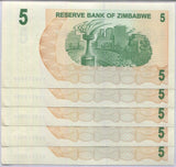 Zimbabwe 5 Dollars 2006 P 38 UNC Lot 5 Pcs Torch, Harare