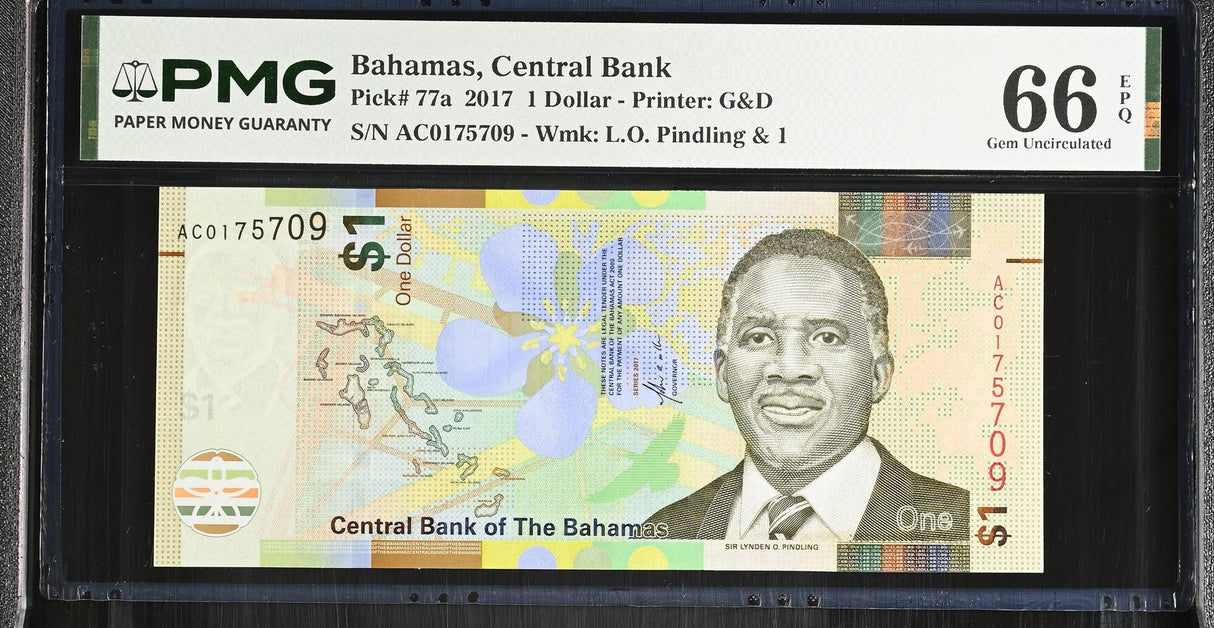 Bahamas 1 Dollar 2017 P 77 a Gem UNC PMG 66 EPQ