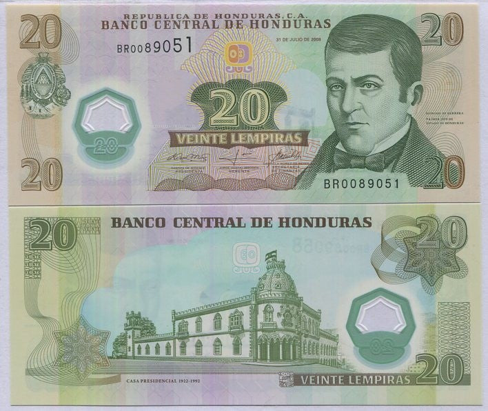 Honduras 20 Lempiras 2008 Polymer P 95 UNC Old Casa Presidencial