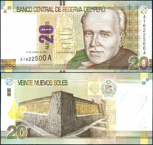 Peru 20 Nuevos Soles 2009 P 183 UNC ,Ruins of Chan Chan, Raul Porras Barrenechea
