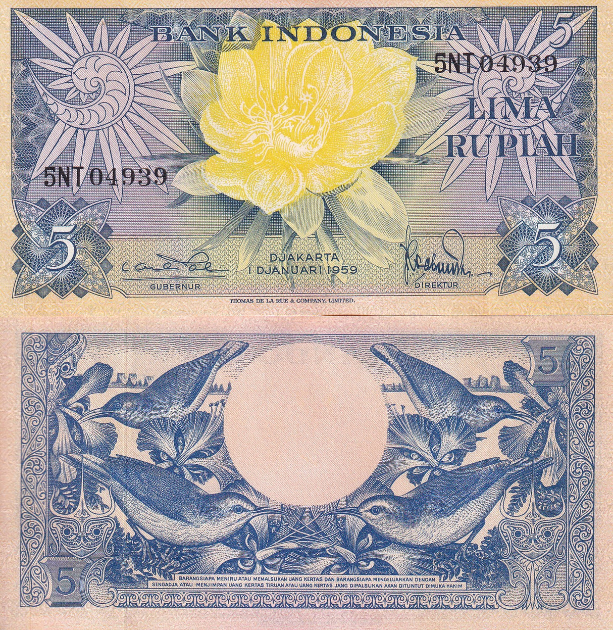 Indonesia 5 Rupiah 1959 P 65 WITH 2 LETTERS PREFIX UNC