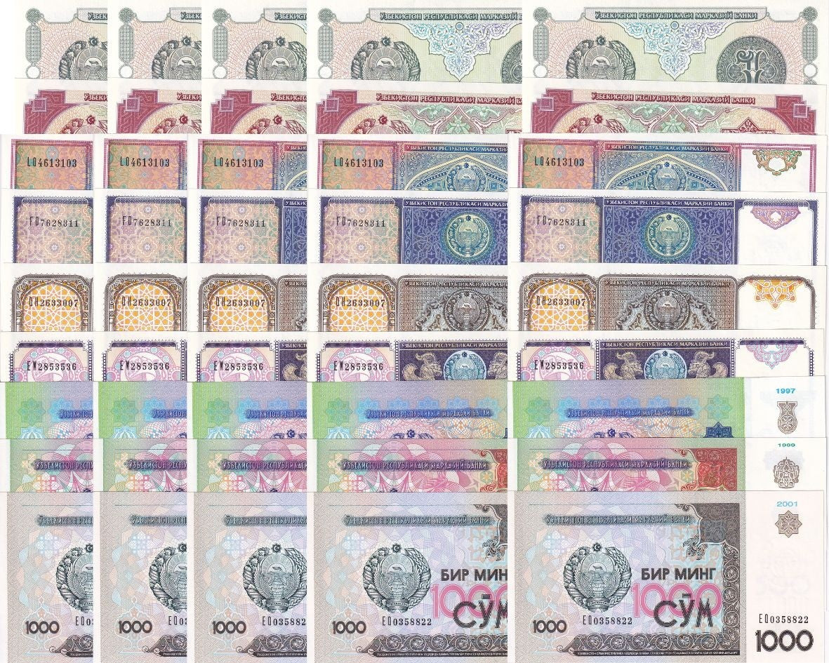 Uzbekistan Set 9XLot 5=45 UNC 1 3 5 25 50 100 200 500 1000 Som 1994-2021 P 73-82
