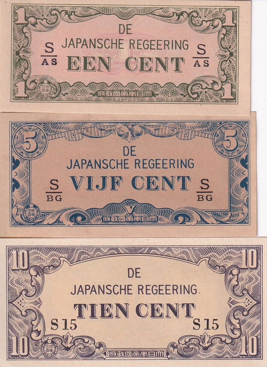 Netherlands Indies Set 3 UNC 1 5 10 Cents ND 1942 P 119 120 121 , DE JAPANSCHE