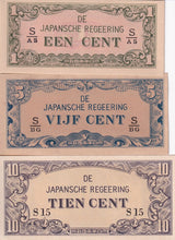 Netherlands Indies Set 3 UNC 1 5 10 Cents ND 1942 P 119 120 121 , DE JAPANSCHE