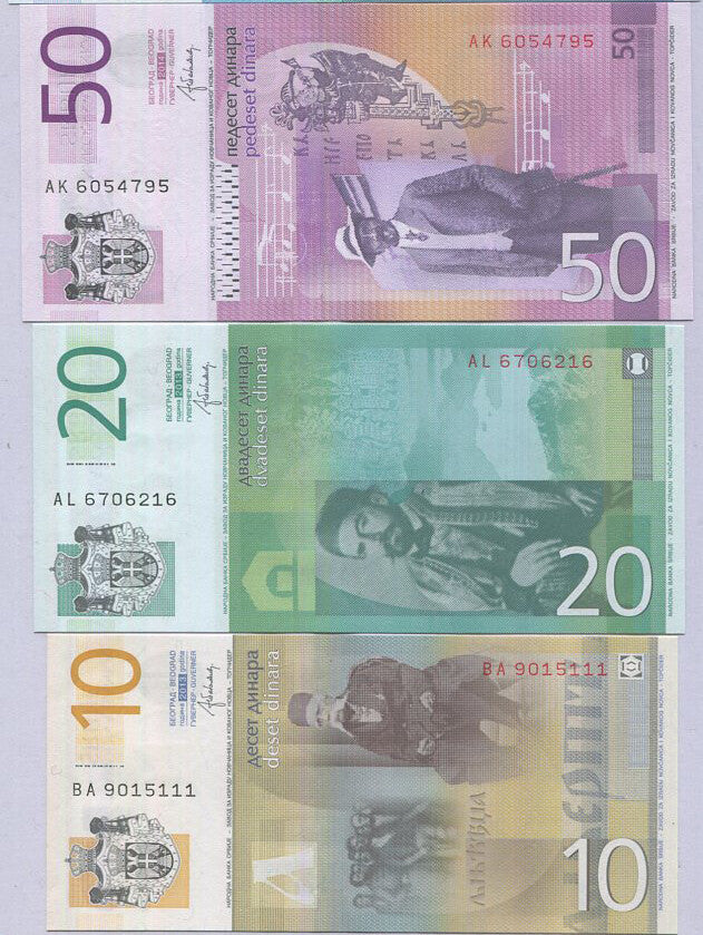Serbia Set 3 Pcs 10 20 50 Dinara RANDOM DATE P 54 55 56 UNC