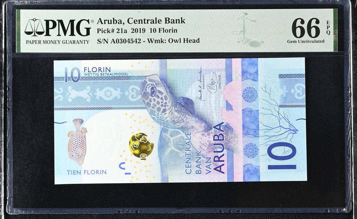 Aruba 10 Florins 2019 P 21 a Turtle GEM UNC PMG 66 EPQ