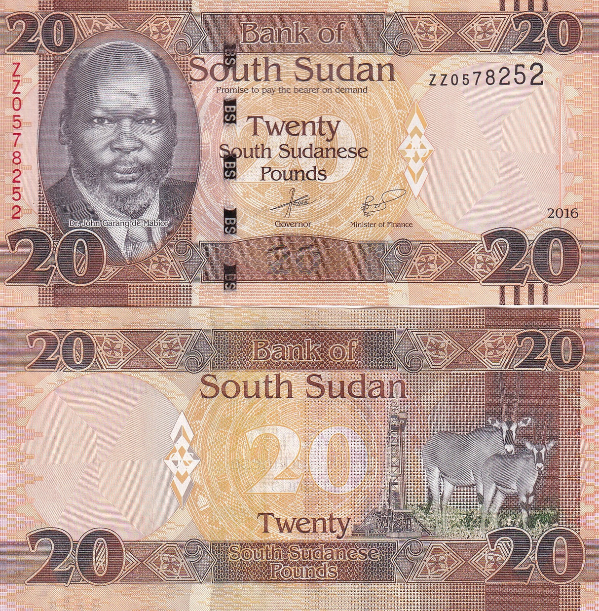 South Sudan 20 Pounds 2016 P 13 b ZZ Replacement UNC Antelopes Dr. John Garang