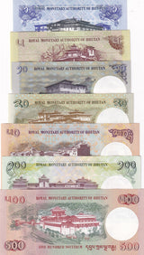Bhutan Set 7 UNC 1 5 10 20 50 100 500 N 2013-2021 P 27 28 29 30 31 32 33