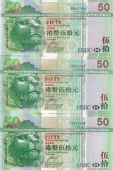Hong Kong Set 3 UNC 50 Dollars 2006 2007 2009 P 208 HSBC Lion
